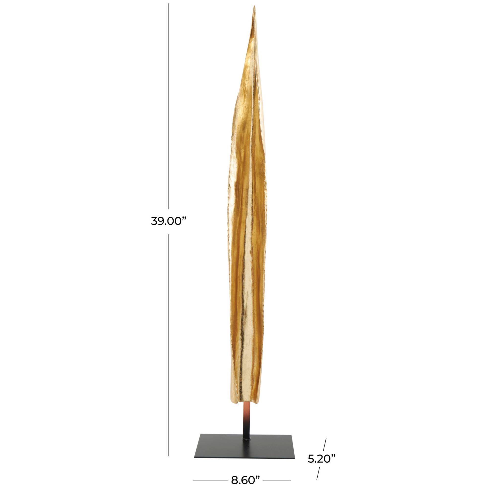 39" Gold Polystone Slim Leaf Abstract Sculpture with Black Metal Stand